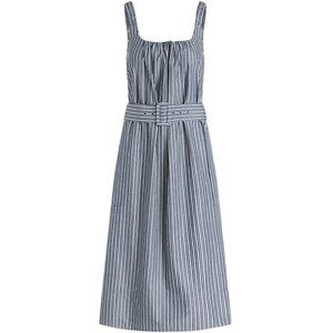 NWT, SZ L (12-14)100% COTTON, Striped, Belted Midi Dress, Navy